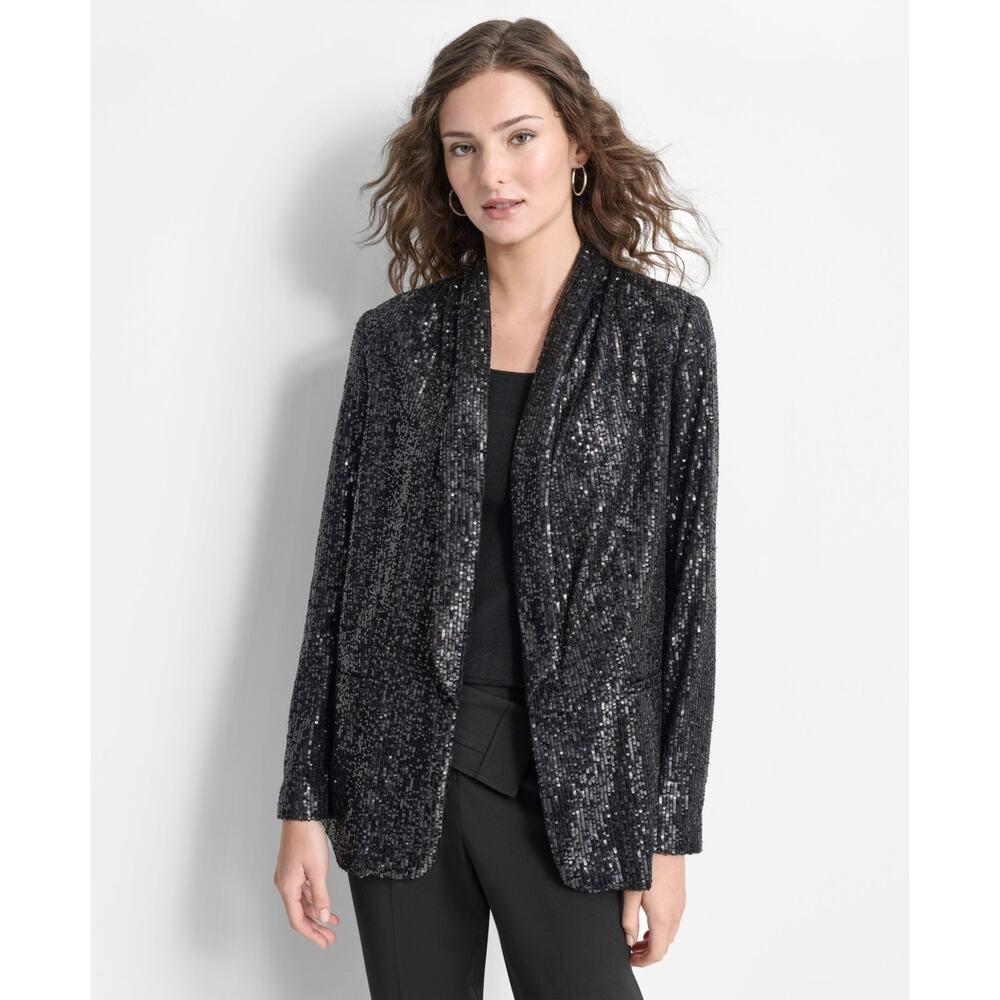 DKNY Petite Sequined Shawl-Collar Long-Sleeve Jacket Black Size 8P 1798